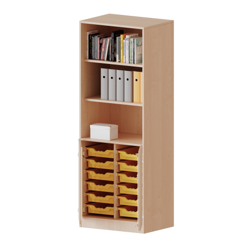 ErgoTray Kombi-Schrank, zweireihig, 5 Ordnerhöhen - evo180 Serie B/H/T: 70,3x190x50 cm, 2 OH unten mit Türen und 12 flachen ErgoTray Boxen, oben 3 OH Regal, mit Sockel (81 mm)