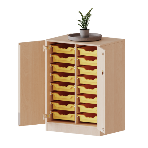 ErgoTray Schrank, zweireihig, 2,5 Ordnerhöhen - evo180 Serie B/H/T: 70,3x100x50 cm, Breite 70,3 cm, Gesathöhe 100 cm, zweitürig, mit Sockel, mit 16 flachen ErgoTray Boxen