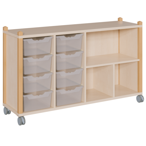 fahrbares Regal in Stollenbauweise B/H/T: 143,3x82,5x40 cm, in 4 Reihen 8 hohe ErgoTray-Boxen und 3 Fächer