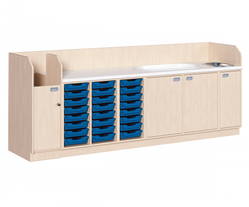Wickelkommode, vierreihig zuzüglich Badewanne und Waschbecken B/H/T: 285x113x91,5 cm, Integrierter Aufgang links, 24 Boxen und Badewanne, Waschbecken rechts