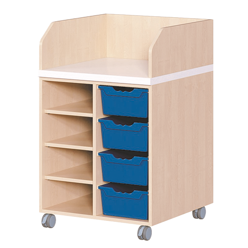 Wickelkommode, zweireihig, fahrbar B/H/T: 70,5x111,5x91,5 cm, Regal links, 4 Boxen rechts