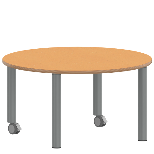 Tisch ZALOTTI mit Linoleum-Belag Rundtisch, Durchmesser/H: 100x25 cm, Stahlrohrbeine Ø 60 mm, Fußvariante: fahrbar, Tischbeine mit RAL-Farbe 9006 (weißaluminium)