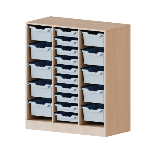 ErgoTray Regal, dreireihig, 3 Ordnerhöhen - evo180 Serie B/H/T: 104,5x118x40 cm, mit Möbelstellfüßen, rechts und links je 5 hohe, in der Mitte 10 flache ErgoTray Boxen