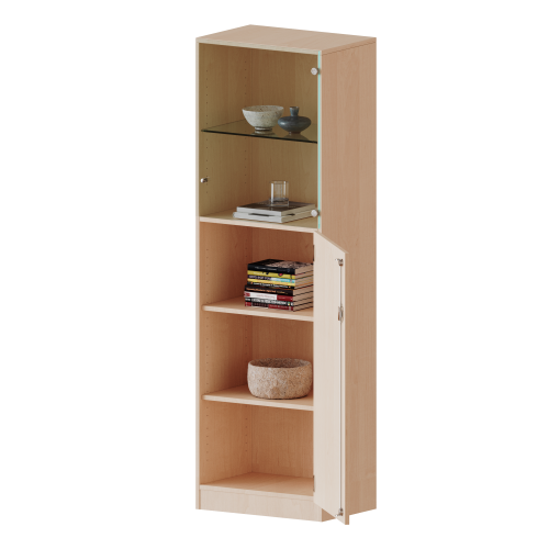 Schrank 5 Ordnerhöhen, unten Tür (3 OH), oben Vitrinentür (2 OH) - Serie evo180 B/H/T: 60x190x40 cm, 1 geschlossene und 1 Glastür, abschließbar, Türen öffnen nach rechts, mit Sockel (81 mm)