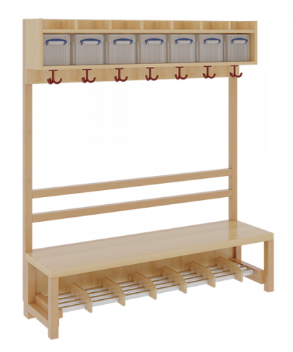 Komplettgarderobe mit einfacher Ablage inklusive Boxen B/H/T: 140x158x39 cm, 7 Plätze, Sitzhöhe 42 cm, offene Stütze, Schuhrost aus Aluminiumrohren mit Trennungen