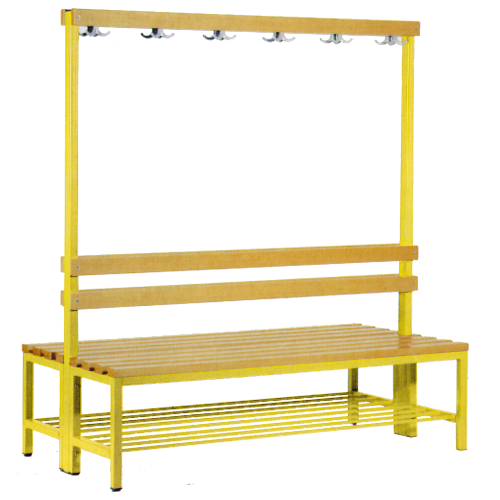 Umkleidebank, 6 Kleiderhaken, doppelseitige Sitzbank B/H/T: 150x150x73 cm, Sitzhöhe: 45 cm, mit Schuhrost