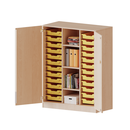 ErgoTray Schrank, dreireihig, 3,5 Ordnerhöhen - evo180 Serie B/H/T: 104,5x136x50 cm, zweitürig, mit Sockel (81 mm), mit 24 flachen ErgoTray Boxen