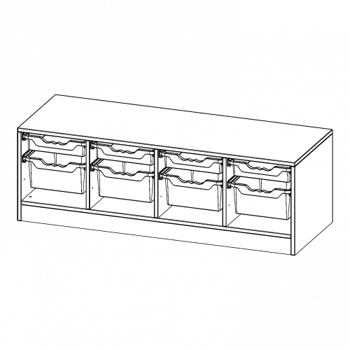 ErgoTray Regal, vierreihig, 1 Ordnerhöhe - evo180 Serie B/H/T: 138,7x46x50 cm, mit Sockel (81 mm), 4 flache und 4 hohe ErgoTray Boxen