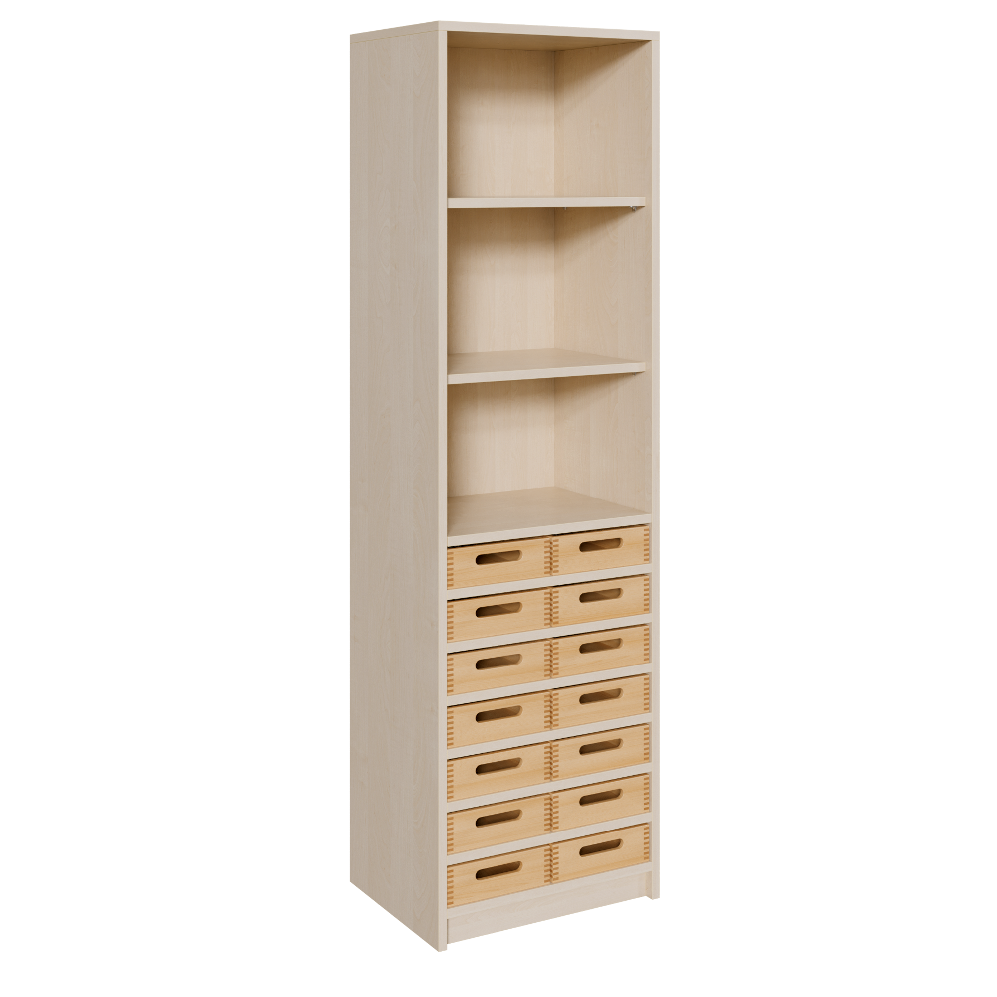 Korpus-Regal mit flachen Materialkästen und offenen Fächern B/H/T: 52x180x40 cm, 14 flache Massivholz-Kästen, oben Regal mit 2 Fächern
