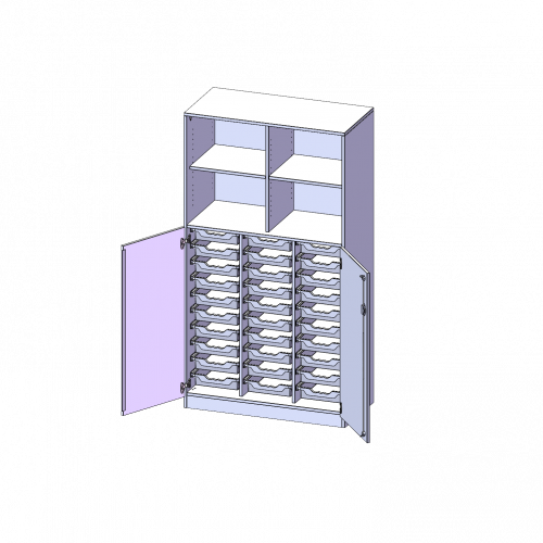 ErgoTray Kombi-Schrank, dreireihig, 5 Ordnerhöhen - evo180 Serie B/H/T: 104,5x190x50 cm, unten 3 OH Türen und 30 flache ErgoTray Boxen, oben 2 OH Regal, Sockel, mit Mittelwand