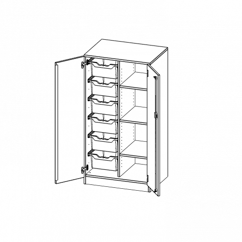 ErgoTray Schrank, zweireihig, 3,5 Ordnerhöhen - evo180 Serie B/H/T: 70,3x136x50 cm, zweitürig, mit Sockel (81 mm), mit 6 hohen ErgoTray Boxen