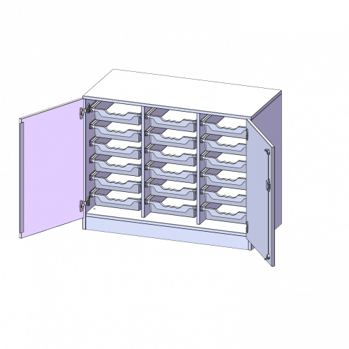 ErgoTray Schrank, dreireihig, 2 Ordnerhöhen - evo180 Serie B/H/T: 104,5x82x50 cm, zweitürig, mit Sockel (81 mm), mit 18 flachen ErgoTray Boxen