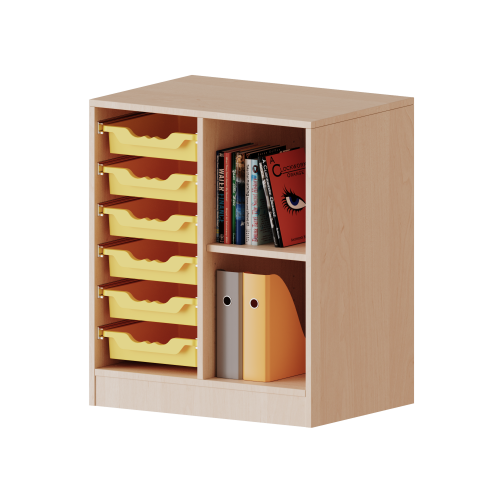 ErgoTray Regal, zweireihig, 2 Ordnerhöhen - evo180 Serie B/H/T: 70,3x82x40 cm, mit Sockel (81 mm), rechts 2 Fächer, links 6 flache ErgoTray Boxen