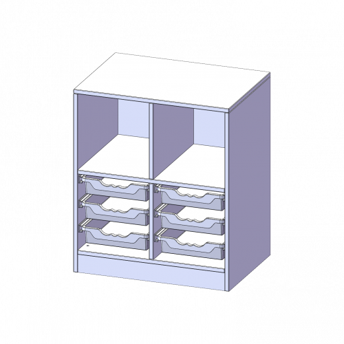 ErgoTray Regal, zweireihig, 2 Ordnerhöhen - evo180 Serie B/H/T: 70,3x82x50 cm, mit Sockel (81 mm), oben 2 Fächer, unten 6 flache ErgoTray Boxen