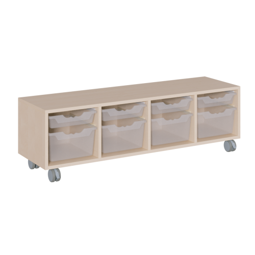 fahrbares Regal in Korpusbauweise B/H/T: 139x42,5x40 cm, in 4 Reihen 4 flache und 4 hohe ErgoTray-Boxen