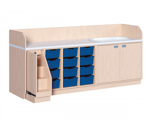 Wickelkommode, vierreihig zuzüglich Badewanne B/H/T: 249x113x91,5 cm, Ausziehbarer Aufstieg links, 12 Boxen und Badewanne rechts