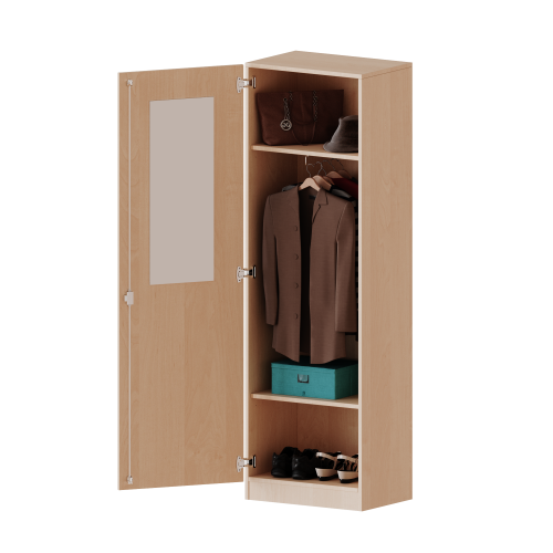 Garderobenschrank mit Spiegel und Garderobenstange, 5 Ordnerhöhen - Serie evo180 B/H/T: 60x190x60 cm, 1 Tür, abschließbar, Tür öffnet links, mit Sockel (81 mm)