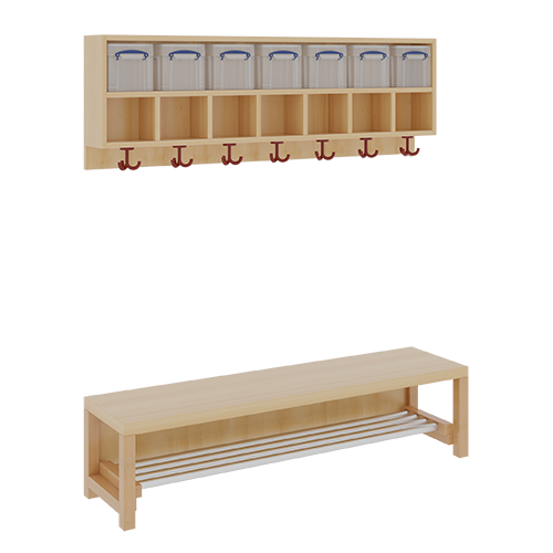 Komplettgarderobe mit doppelter Ablagereihe inklusive Boxen B/T: 140x35 cm, 7 Plätze, Sitzhöhe 34 cm, 2teilig ohne Stütze, Ablage zur Wandmontage, mit Alurohr-Schuhrost