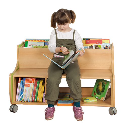 Bücherwagen mit 6+3 Fächern und Sitzfläche B/H/T: 104x63x73 cm, Sitzhöhe: 38 cm, formschöne Seitenwangen