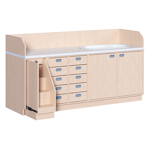 Wickelkommode, dreireihig zuzüglich Badewanne B/H/T: 213x113x71,5 cm, Ausziehbarer Aufstieg links, 10 Schübe und Badewanne rechts