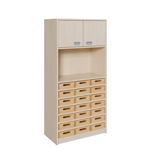 Korpus-Kombischrank mit Materialkästen und 2 Türen B/H/T: 78x160x40 cm, unten 21 Massivholz-Kästen, oben 2 Türen und 2 Fächer; mittig großes Regalfach