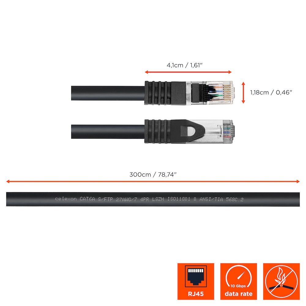 celexon CAT 6A Patchkabel - S/FTP 3,0m, schwarz