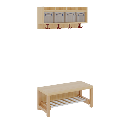 Komplettgarderobe mit einfacher Ablage inklusive Boxen B/T: 80x35 cm, 4 Plätze, Sitzhöhe 26 cm, 2teilig ohne Stütze, Ablage zur Wandmontage, mit Schuhrost aus Aluminiumrohren