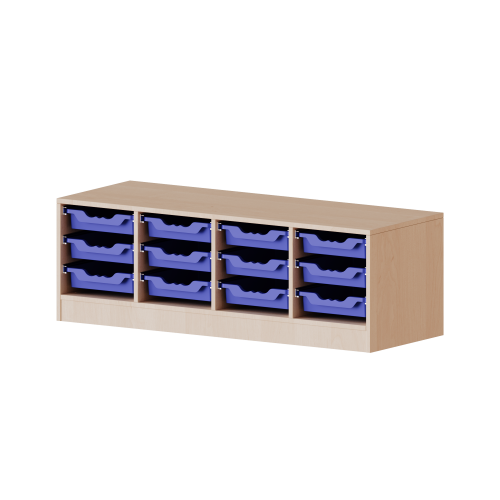 ErgoTray Regal, vierreihig, 1 Ordnerhöhe - evo180 Serie B/H/T: 138,7x46x40 cm, mit Sockel (81 mm), 12 flache ErgoTray Boxen