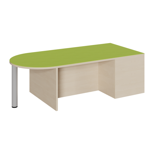 Freiform-Podest, zweiseitig offen und Halbrundansatz, Linoleum-Deckplatte B/H/T: 150x46x70 cm, mit 2 Rollkastengaragen und Halbrundbereich R 35 cm offen mit Stützfuß