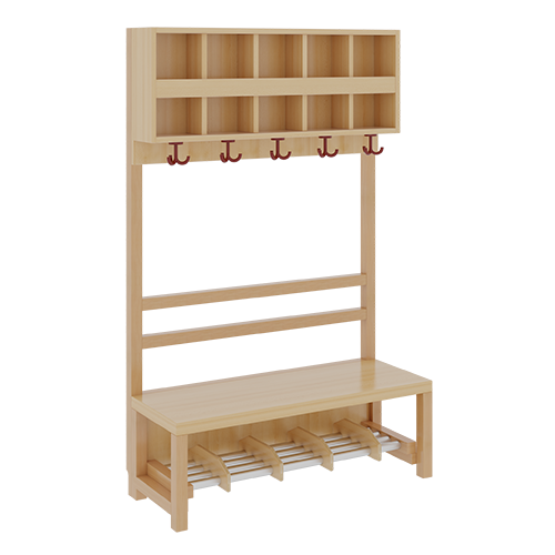 Komplettgarderobe mit doppelter Ablagereihe B/H/T: 100x158x39 cm, 5 Plätze, Sitzhöhe: 42 cm, offene Stütze in Buche-massiv, Schuhrost aus Aluminiumrohren mit Facheinteilungen