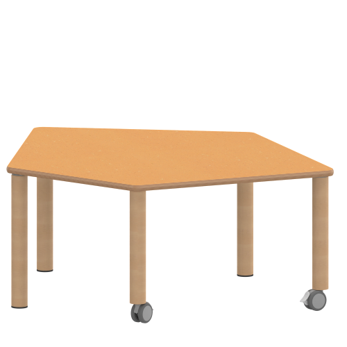 Tisch ZALOTTI mit Linoleum-Belag Fünfecktisch-klein, B/H/T: 121x41x110 cm, Massivholzbeine Ø 60 mm, Fußvariante: fahrbar