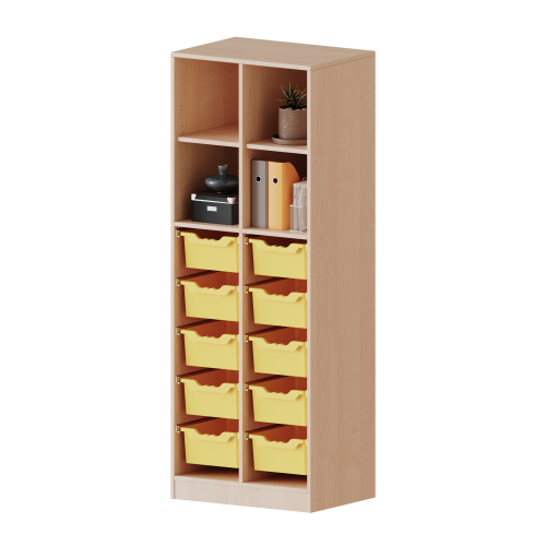 ErgoTray Regal, zweireihig, 5 Ordnerhöhen - evo180 Serie B/H/T: 70,3x190x40 cm, mit Sockel (81 mm) und Mittelwand, unten 10 hohe ErgoTray Boxen, oben 4 Einlegeböden