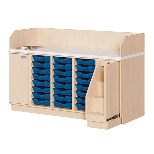 Wickelkommode, vierreihig zuzüglich Waschbecken B/H/T: 179x113x91,5 cm, Ausziehbarer Aufstieg rechts, 24 Boxen und Waschbecken links