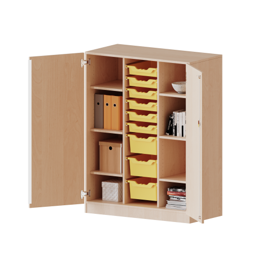 ErgoTray Schrank, dreireihig, 3,5 Ordnerhöhen - evo180 Serie B/H/T: 104,5x136x50 cm, zweitürig, mit Sockel (81 mm), mit 6 flachen und 3 hohen ErgoTray Boxen
