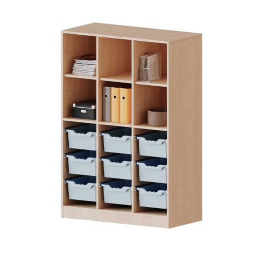 ErgoTray Regal, dreireihig, 4 Ordnerhöhen - evo180 Serie B/H/T: 104,5x154x40 cm, mit Sockel (81 mm), unten 9 hohe, oben 6 Fächer