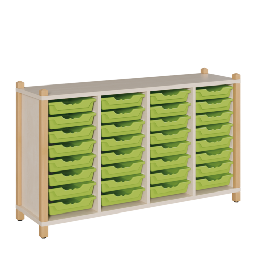 Regal mit ErgoTray-Boxen in Stollenbauweise B/H/T: 143x80x40 cm, 32 flache ErgoTray-Boxen