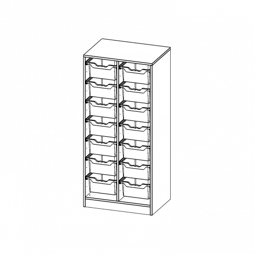 ErgoTray Regal, zweireihig, 4 Ordnerhöhen - evo180 Serie B/H/T: 70,3x154x50 cm, mit Sockel (81 mm), 14 hohe ErgoTray Boxen
