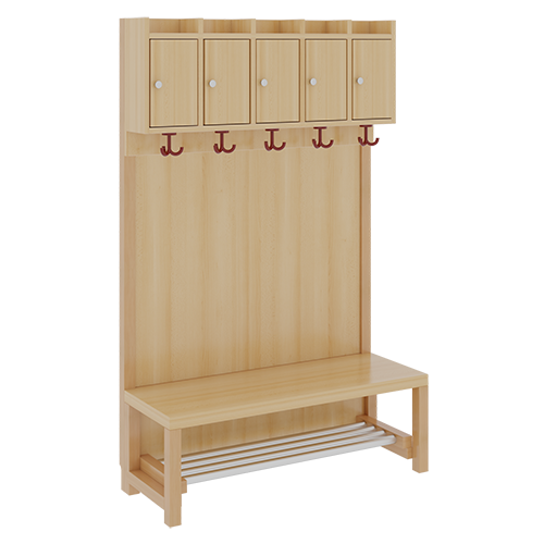 Komplettgarderobe mit Ablagen und Türen B/H/T: 100x158x39 cm, 5 Plätze, Sitzhöhe: 26 cm, Stütze mit Paneelrückwand, mit Schuhrost aus Aluminiumrohren
