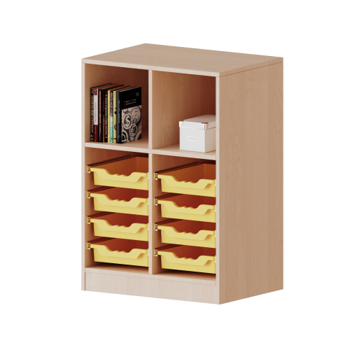 ErgoTray Regal, zweireihig, 2,5 Ordnerhöhen - evo180 Serie B/H/T: 70,3x100x40 cm, fahrbar, oben 3 Fächer, unten 8 flache ErgoTray Boxen