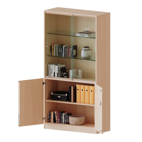 Kombischrank, 5 Ordnerhöhen, Drehtüren unten (2 OH), Glasschiebetüren oben (3 OH) - Serie evo180 B/H/T: 100x190x60 cm, alle Türen abschließbar, mit Sockel (81 mm)