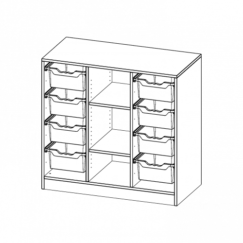 ErgoTray Regal, dreireihig, 2,5 Ordnerhöhen - evo180 Serie B/H/T: 104,5x100x50 cm, mit Sockel (81 mm), rechts und links je 4 hohe ErgoTray Boxen, 3 Fächer in der Mitte