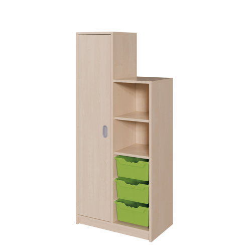 Korpus-Schrank "SideStep", Tür und Boxen B/H/T: 70,5x120/160x40 cm, in stufenartiger Kontur, rechts Regal und 3 Boxen, mit Tür auf hoher Seite, links
