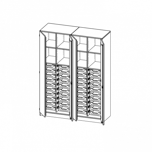 ErgoTray Schrank, zweiteilig, vierreihig, 5 Ordnerhöhen - evo180 Serie B/H/T: 140,6x190x50 cm, viertürig, zweiteilig, mit Sockel (81 mm), mit 2 Mittelwänden, mit 40 flachen ErgoTray Boxen