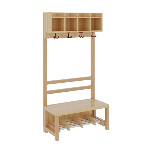 Komplettgarderobe mit einfacher Ablagereihe B/H/T: 80x130x39 cm, 4 Plätze, Sitzhöhe: 26 cm, offene Stütze in Buche-massiv, Schuhrost aus Aluminiumrohren mit Facheinteilungen