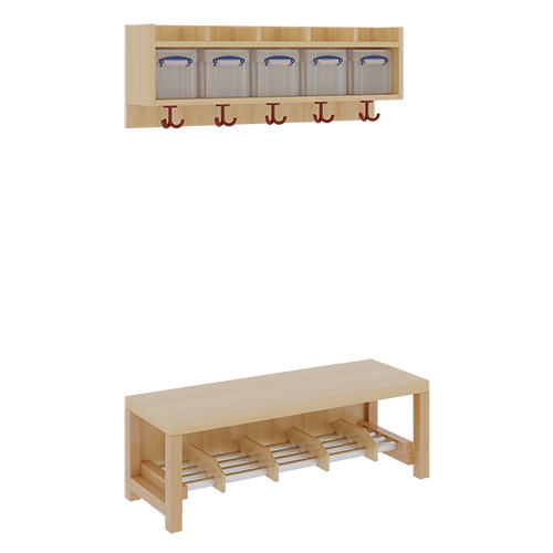 Komplettgarderobe mit einfacher Ablage inklusive Boxen B/T: 100x35 cm, 5 Plätze, Sitzhöhe 34 cm, 2teilig ohne Stütze, Ablage zur Wandmontage, Alurohr-Schuhrost mit Trennungen