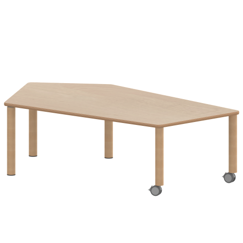 Tisch ZALOTTI mit Schichtstoff-Belag Fünfecktisch-groß, B/H/T: 185x46x104 cm, Massivholzbeine Ø 60 mm, Fußvariante: fahrbar