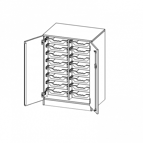 ErgoTray Schrank, zweireihig, 2,5 Ordnerhöhen - evo180 Serie B/H/T: 70,3x100x50 cm, zweitürig, mit Sockel (81 mm), mit 16 flachen ErgoTray Boxen