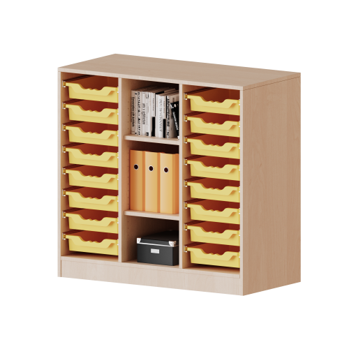 ErgoTray Regal, dreireihig, 2,5 Ordnerhöhen - evo180 Serie B/H/T: 104,5x100x40 cm, fahrbar, rechts und links je 8 flache ErgoTray Boxen, 3 Fächer in der Mitte