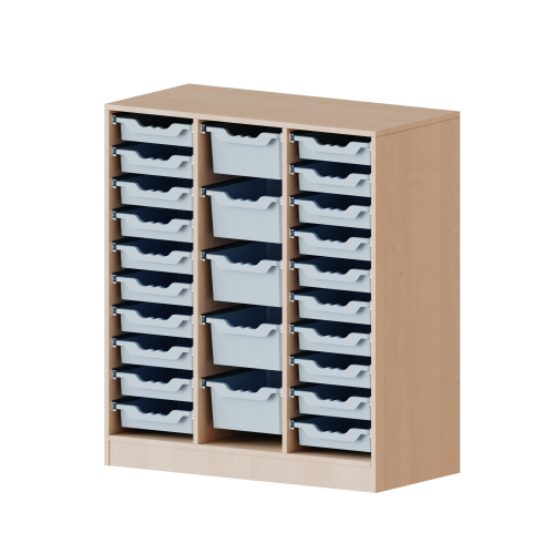 ErgoTray Regal, dreireihig, 3 Ordnerhöhen - evo180 Serie B/H/T: 104,5x118x40 cm, mit Möbelstellfüßen, rechts und links je 10 flache, in der Mitte 5 hohe ErgoTray Boxen