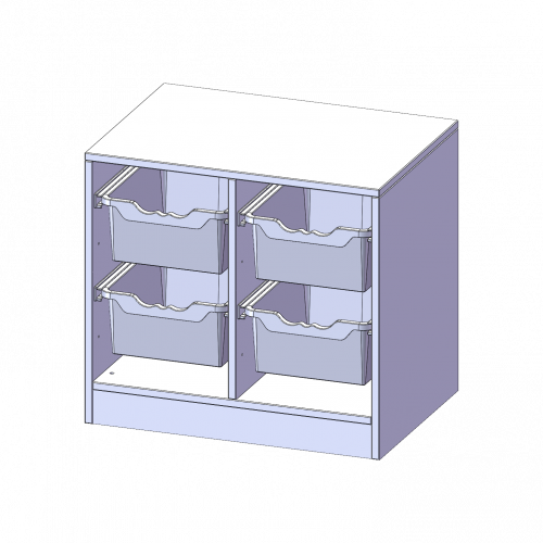ErgoTray Regal, zweireihig, 1,5 Ordnerhöhen - evo180 Serie B/H/T: 70,3x64x50 cm, mit Sockel (81 mm), 4 hohe ErgoTray Boxen
